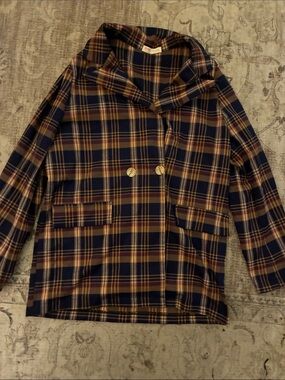 Plaid Preppy Romwe Double-Breasted Women’s Jacket in Navy and Gold Size 4